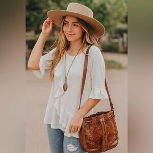 Shop Basic USA Ruffle Short Sleeve Top White Large